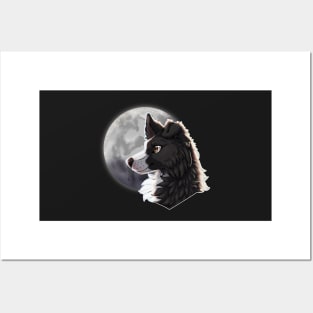 Black Border Collie with Night Sky Full Moon Posters and Art